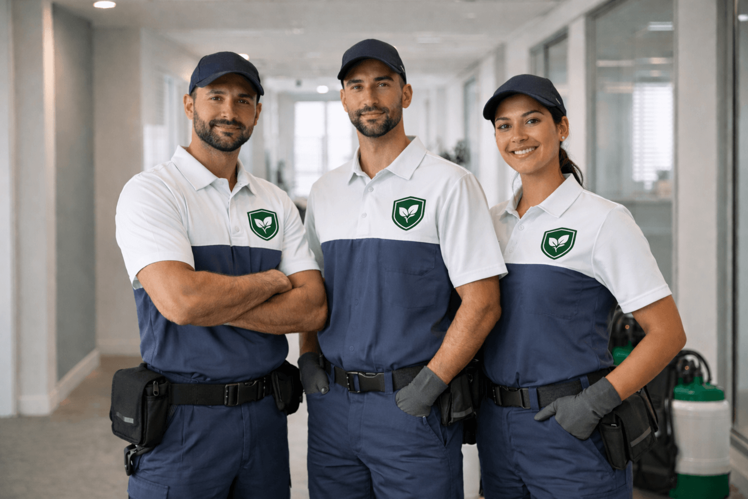 Equipe profissional de controle de pragas uniformizada