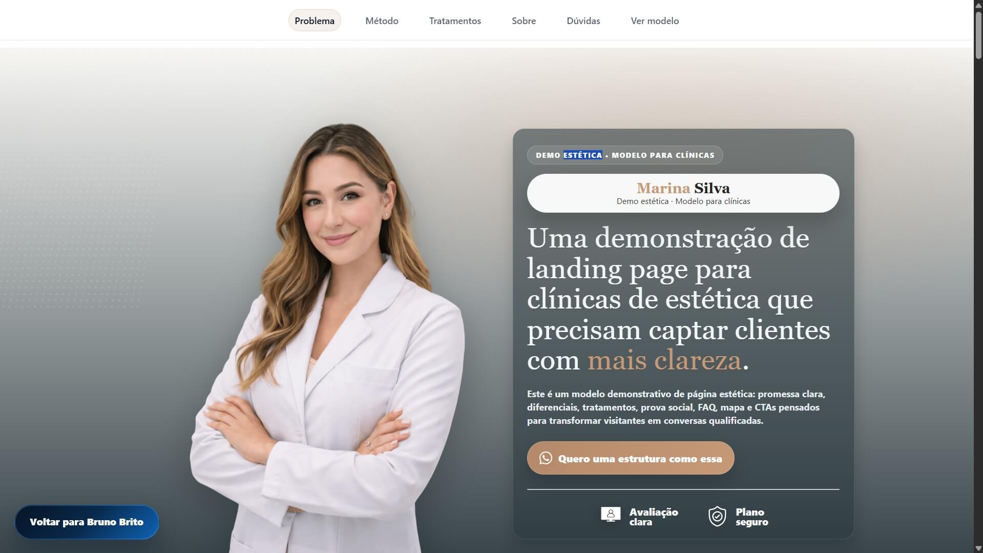 Prévia de landing page demonstrativa para clínicas de estética