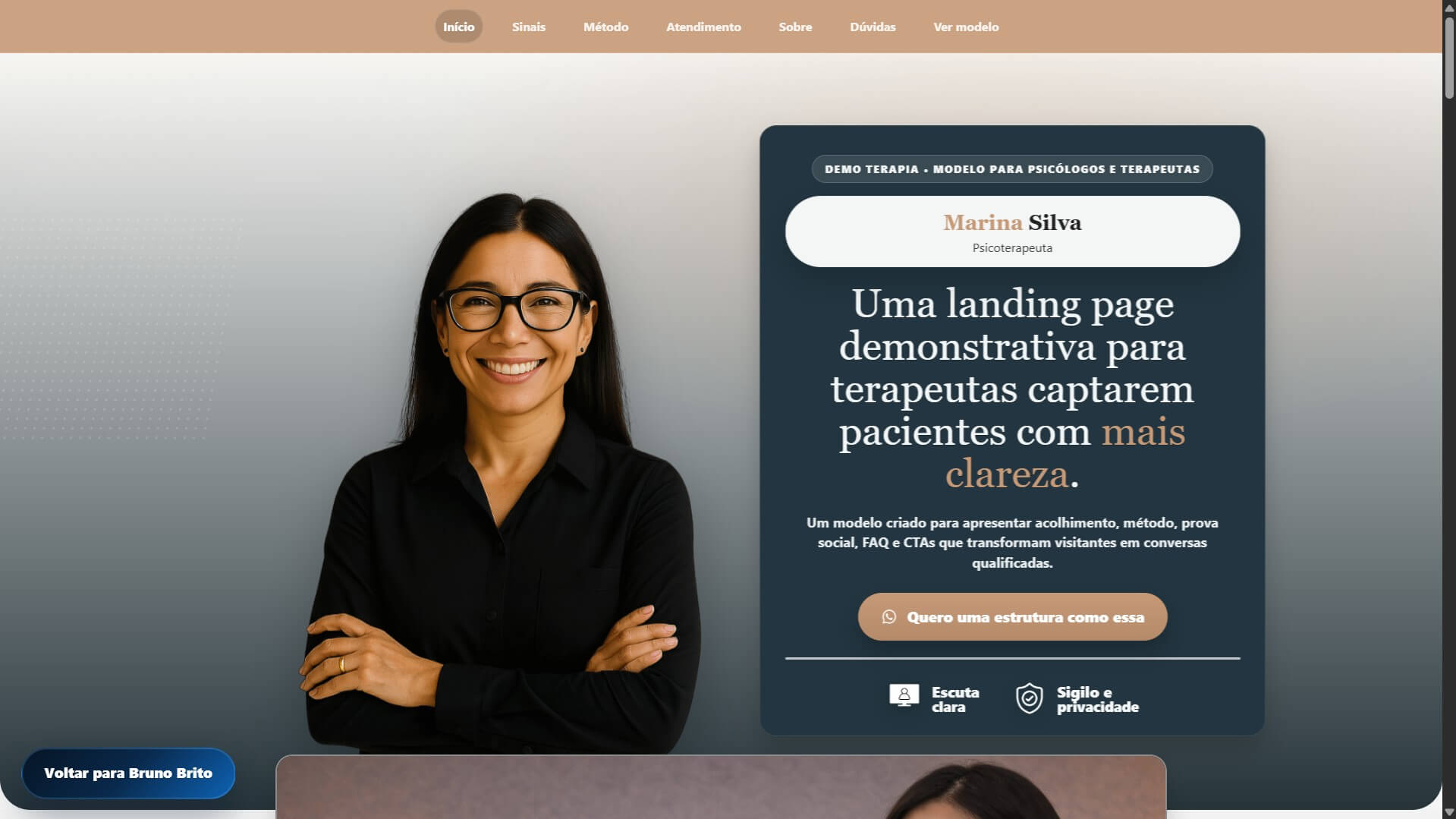 Prévia de landing page demonstrativa para terapeutas